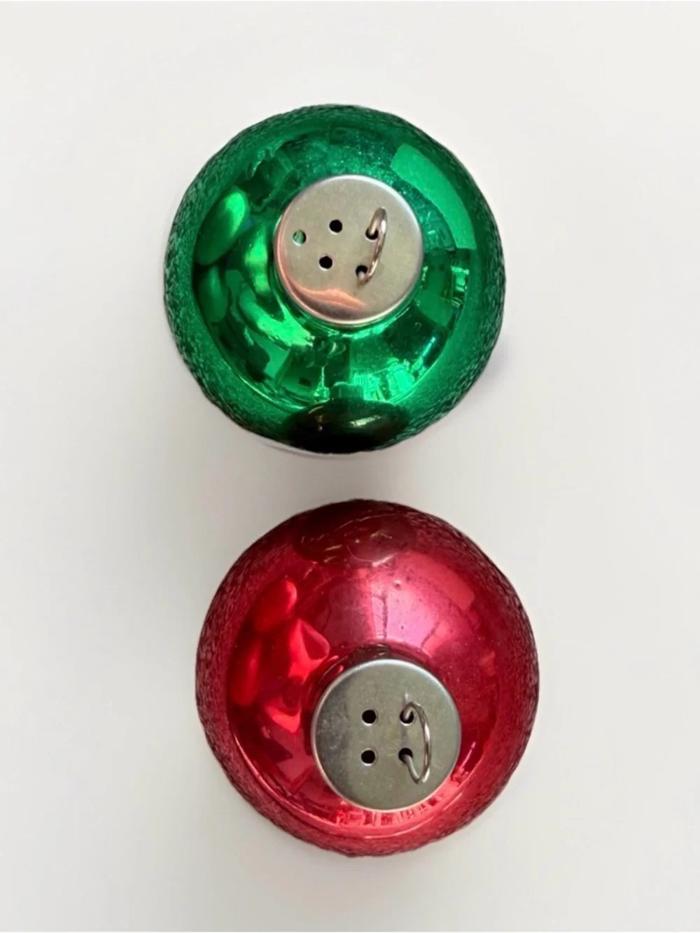Vintage Christmas Ornament Salt Pepper Shakers Set Red Green Shiny Brite Style